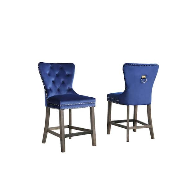 Best Quality Furniture Maya 24 in. H Navy Blue Velvet Full Back Counter Height Chair with Wood Leg, Nail Head Trim and Back Ring (Set of 2)