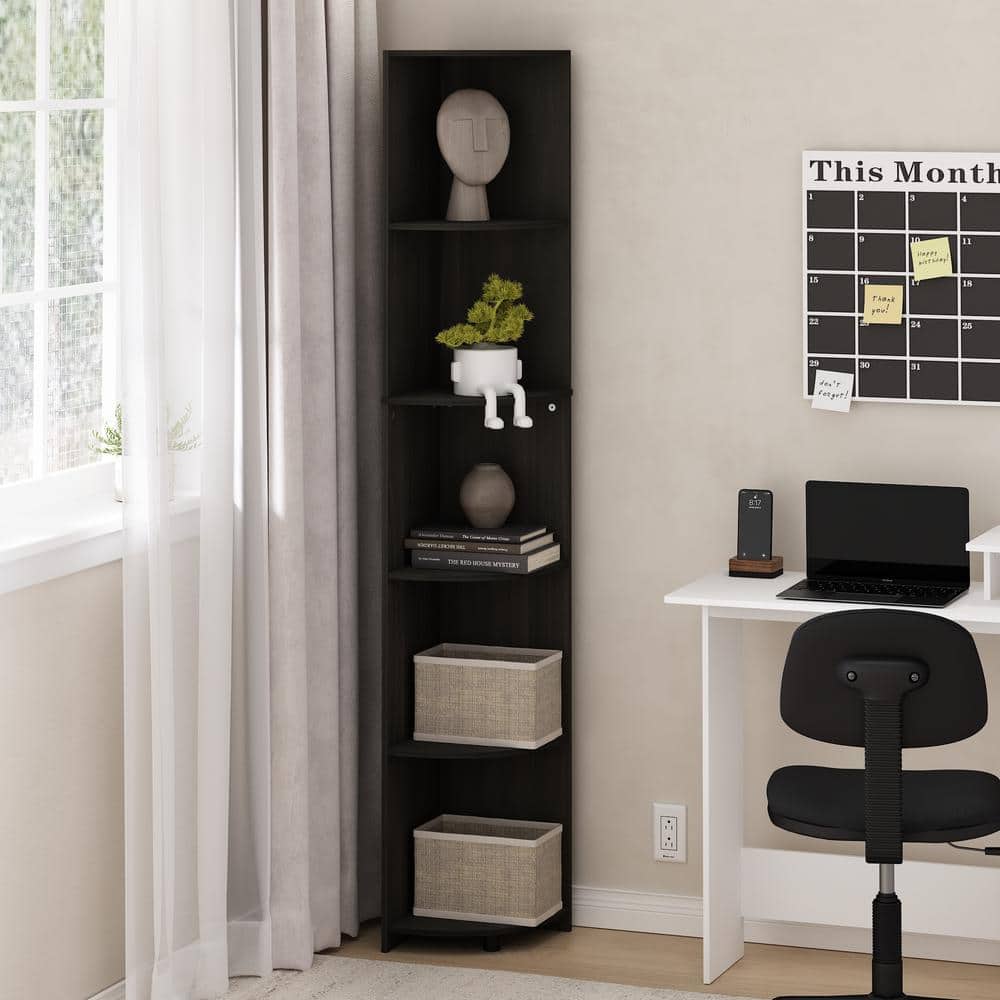 Furinno Econ 70.87 in. Tall Espresso Wood 5-Shelf Corner Bookcase