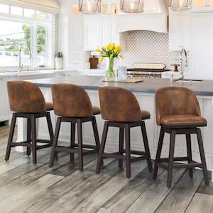 Meliodas 26 in. Brown Faux Leather Cushioned Dark Brown Solid Wood Leg Counter Height Swivel Barstool (Set of 4)