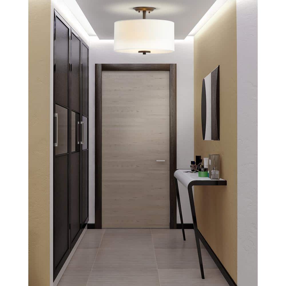 Elegant 15" Drum Linen Shade LED Semi-Flush Mount in Oil Rubbed Bronze