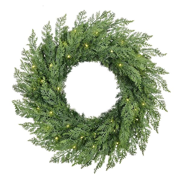 24 in. Pre-Lit Battery-Operated Flocked Artificial Christmas Wreath with Twinkle Rice Lights