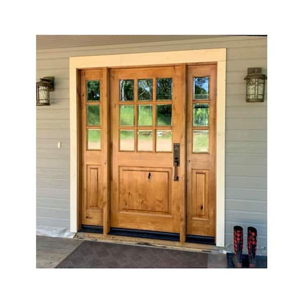 64 in. x 80 in. Craftsman Alder 9-Lite Clear Low-E Unfinished Wood Left-Hand Inswing Prehung Front Door/Sidelites