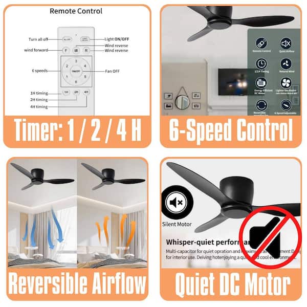 52 in. Inodoor Flush Mount Ceiling Fan with 3-Reversible Blades, 6-Speeds, without Light for Living Room Bedroom, Black
