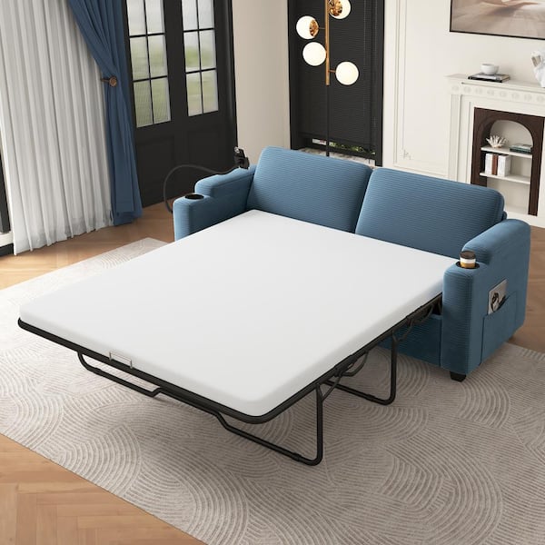 Convertible 72.8 in. Navy Blue Corduroy Fabric Full Size Sofa Bed with Memory Foam Mattress, Side Pockets, Phone Holder