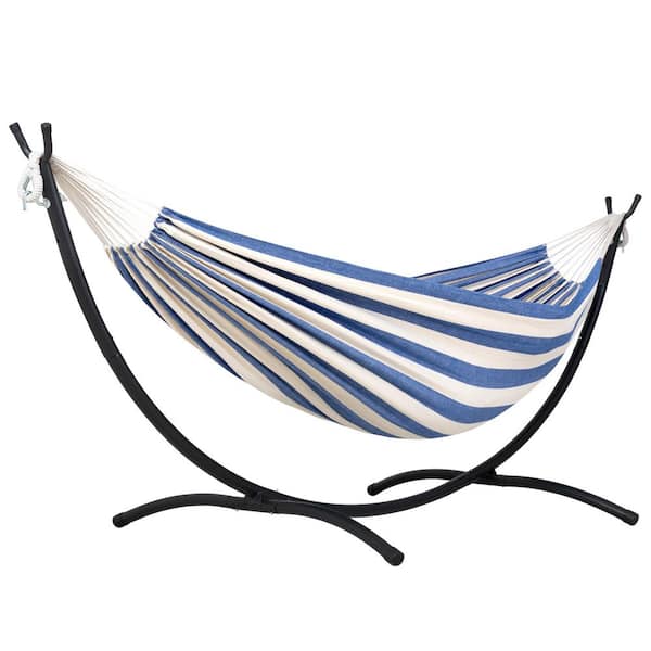 Atesun 9.35 ft. 2-Person Brazilian-Style Foldable and Portable Outdoor Hammock Bed with Stand Set, Blue and White