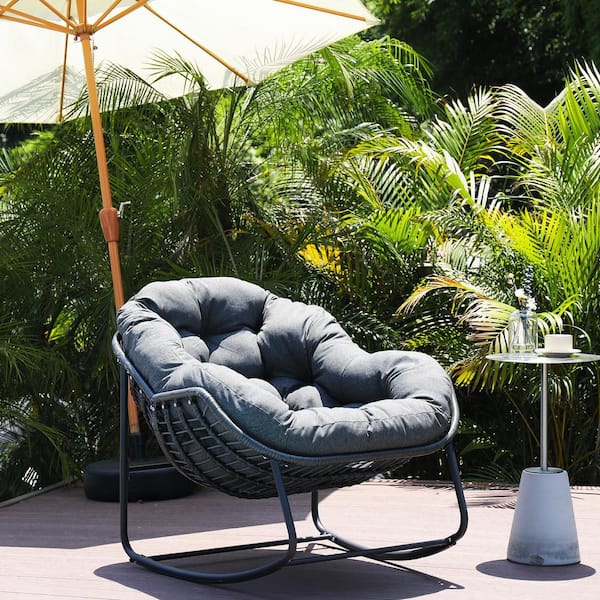 LQOFZ Oversized Wicker Rattan Outdoor Rocking Chair with Dark Gray Cushion