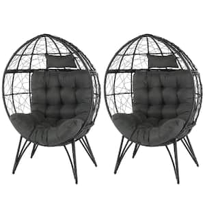 Black Wicker Outdoor Lounge Chair with Grey Cushion Oversized Wicker Egg Chair (2-Pack)