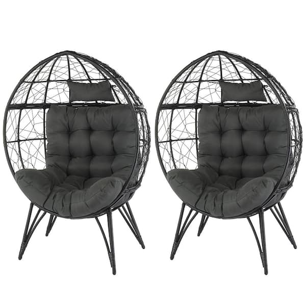 Black Wicker Outdoor Lounge Chair with Grey Cushion Oversized Wicker Egg Chair (2-Pack)
