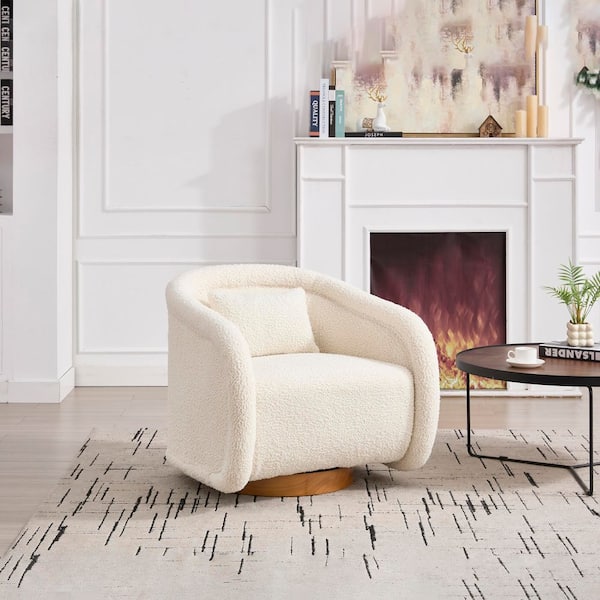 30.7 in. White Teddy Fabric Swivel Accent Chair-360° Rotation, Barrel Shape with Rubber Wood Base
