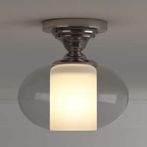 10.5 in. 1-Light Chrome Semi-Flush Mount with Clear Glass and White Inner Glass Cylinder