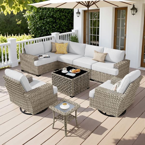 XIZZI Eunoia 9-Pieces Wicker Patio Conversation Seating Sofa Set with Grey Cushions and Swivel Rocking Chairs