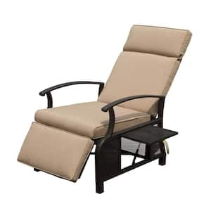 Metal Outdoor Recliner with Beige Cushion and Flip Table