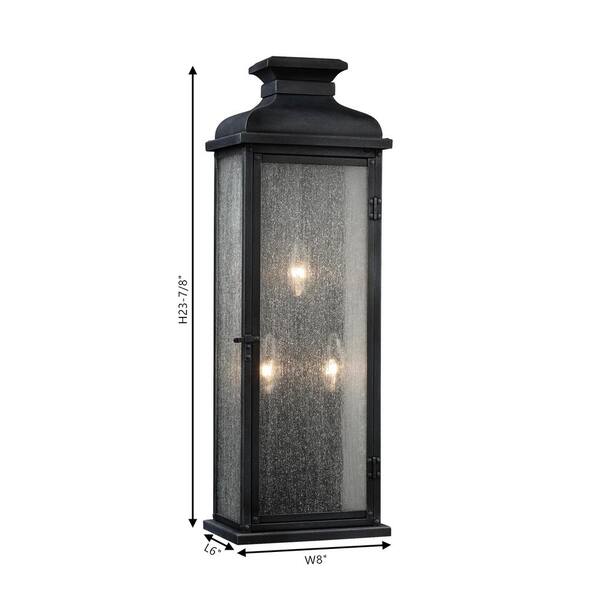 Generation Lighting - Pediment 8 in. W 3-Light Dark Weathered Zinc Outdoor 23.875 in. Wall Lantern Sconce with Clear Seeded Glass