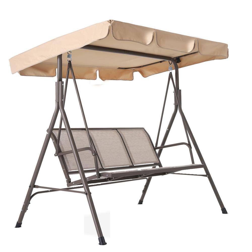 3-Person Brown Metal Outdoor Porch Swing with Textilene Seats and Adjustabl
