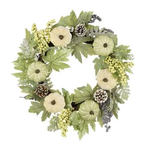 22 in. D Pumpkin Artificial Christmas Wreath with Green Leaf and Berries