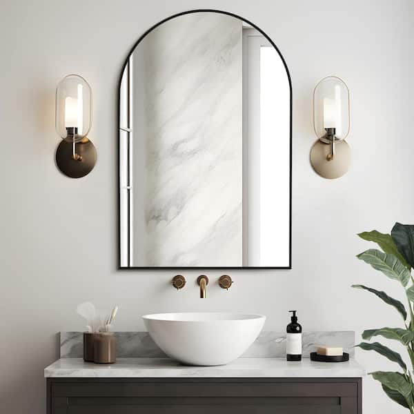24 in. W x 36 in. H Arched Wall Mirror Black Bathroom Vanity Mirror