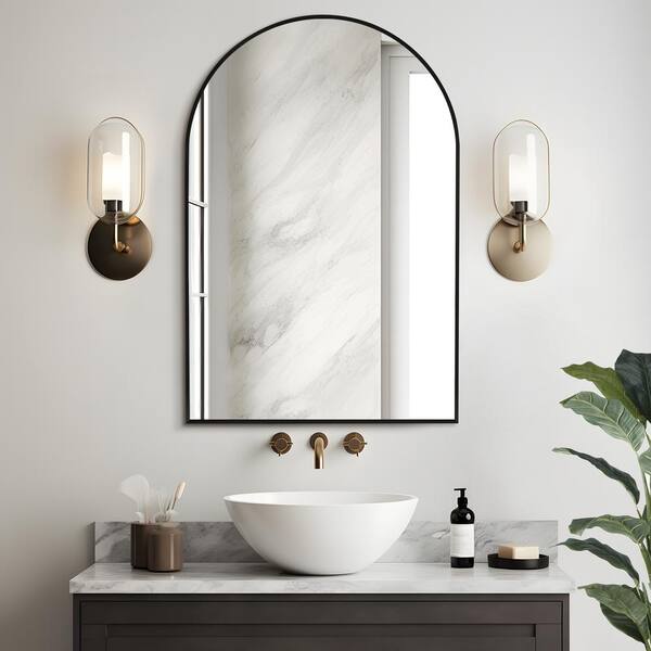 24 in. W x 36 in. H Arched Wall Mirror Black Bathroom Vanity Mirror HD