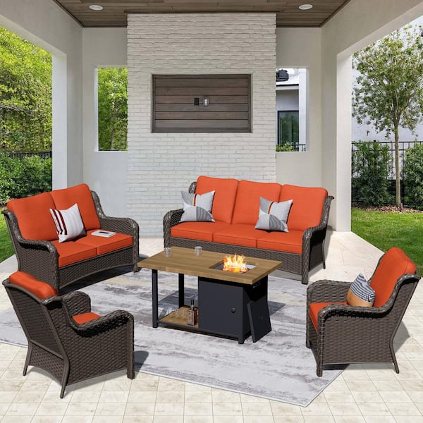 OVIOS Joyo Ung Brown 5-Piece Wicker Outdoor Patio Fire Pit Table Conversation Seating Set with Orange Red Cushions