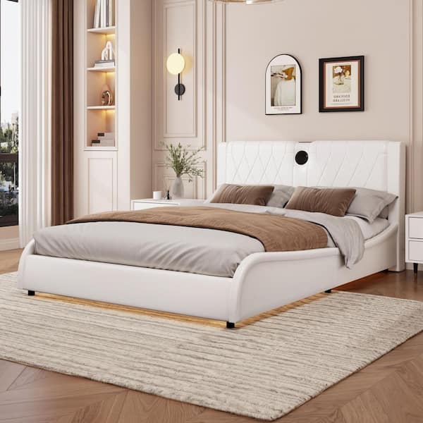 Faux Leather Upholstered White Wood Frame King Platform Bed with Bluetooth Speakers and RGB LED Light