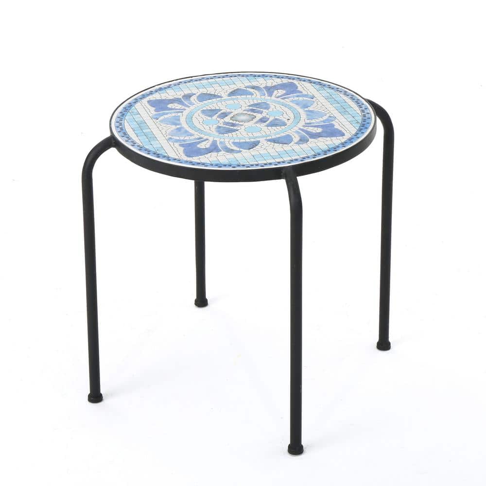 Blue and White Ceramic Tile Outdoor Side Table with Black Iron Frame