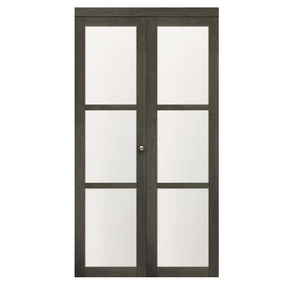 Truporte 24 In X 80 5 3 4 Lite Frosted Glass Solid Mdf Core Iron Age Finished Bi Fold Closet Door Grey, Sliding Closet Doors 24 X 80