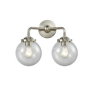 Beacon 14 in. 2-Light Brushed Satin Nickel Vanity Light with Seedy Glass Shade