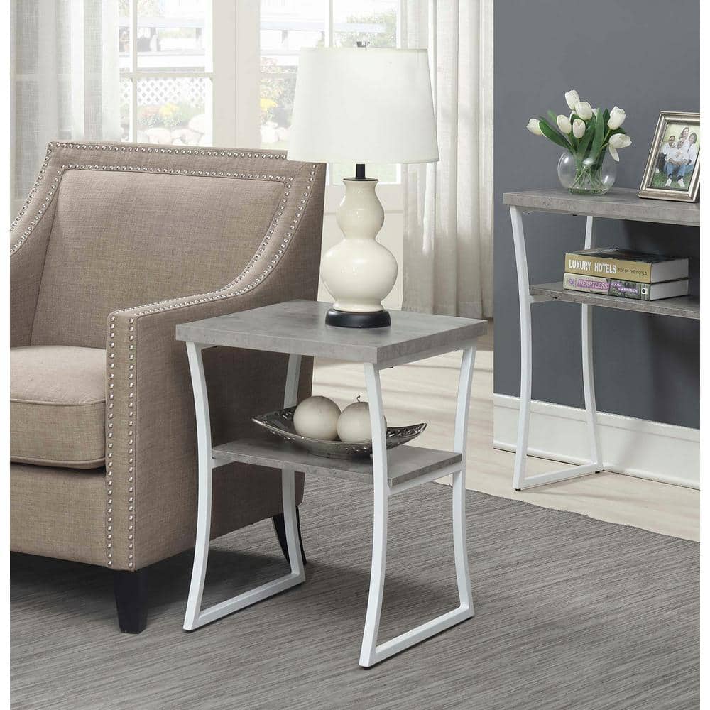 Gray Faux Birch Wood and White Metal Frame End Table