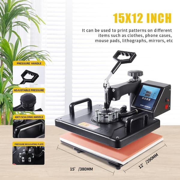 5 in 1 Heat Press Machine, 360° Rotation Swing Away Sublimation Machine, 12 in. x 15 in. Working Area