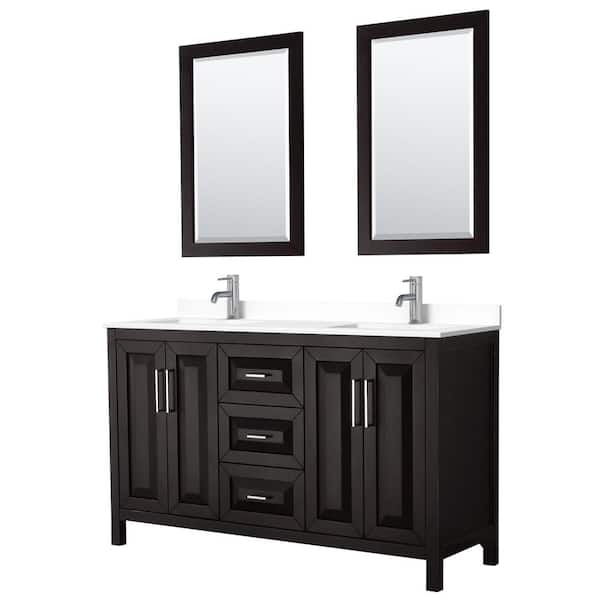 Wyndham Collection Daria 60 in. W x 22 in. D Double Vanity in Dark Espresso with Cultured Marble Vanity Top in White with Basins & Mirrors