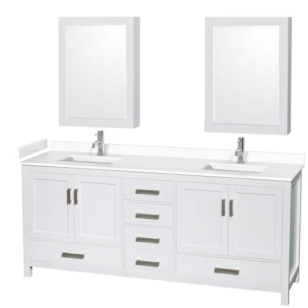 Wyndham Collection Sheffield 80 in. W x 22 in. D x 35 in. H Double Bath Vanity in White with White Cultured Marble Top and MC Mirrors
