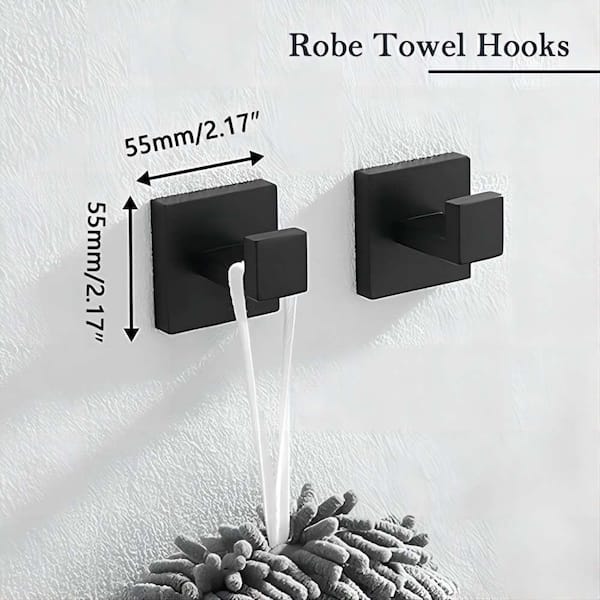 Towel Hooks for Bathrooms, Matte Black Towel Hook for Kitchen Bathroom,  SUS304 Stainless Steel Coat Hook, Square Heavy Duty Holder Robe Hooks for