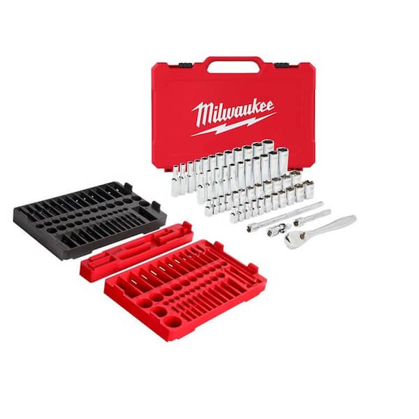 Milwaukee 1/4 in. and 3/8 in. Drive Ratchet/Socket Trays w/1/4 in. Drive SAE/Metric Ratchet/Socket Mechanics Tool Set (53-Piece)