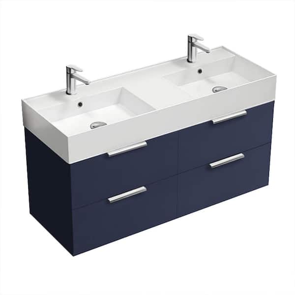 Nameeks Derin 47.64 in. W x 18.11 in. D x 25.2 in. H Modern Wall Mounted Bathroom Vanity in Night Blue with White Ceramic Top