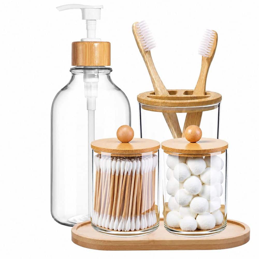 5-Piece Bathroom Accessory Set with Clear Finish and Bamboo Tray and Accents for Countertop Organization price history on PriceWatchPro