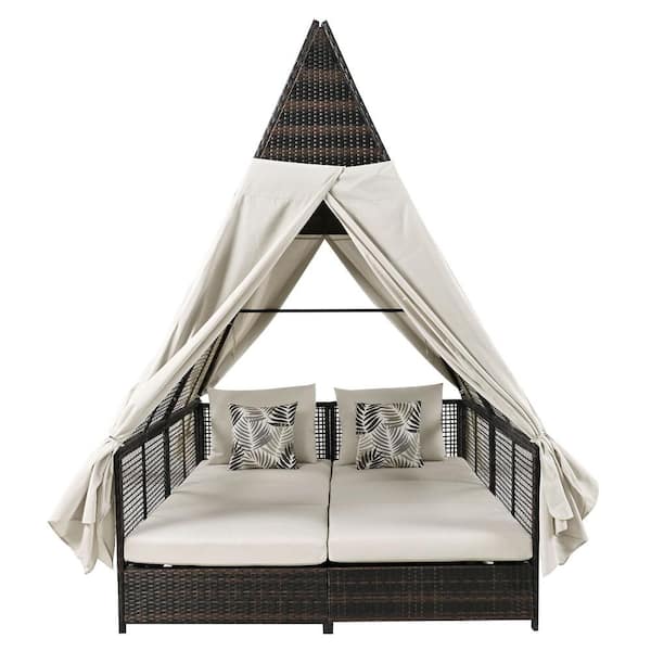 Sudzendf Metal Outdoor Patio Lounge Chair with Adjustable Backrest, Double Sun Lounger with Beige Cushions and Curtains