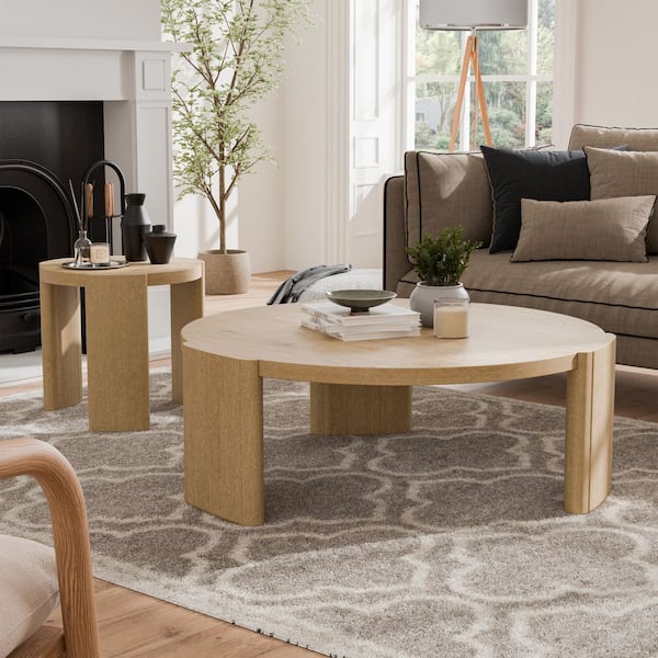 Ashford 2-Piece 42 in. Oak Round Wood Coffee Table Set with Plinth Base