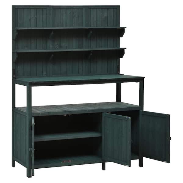 50.2 in.W Green Solid Wood Potting Bench, Outdoor Garden Workstation with Storage Cabinets and Side Hooks