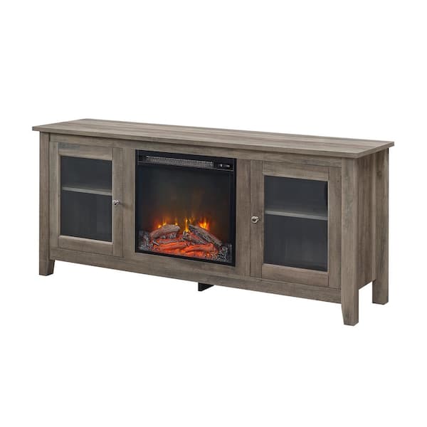 Walker Edison Furniture Company Traditional 58 in. Grey Wash TV Stand fits TV up to 65 in. with Glass Doors and Electric Fireplace