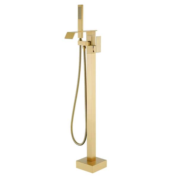 Single-Handle Freestanding Tub Faucet with Hand Shower Brass Floor Mount Bathtub Filler with Sprayer in Brushed Gold
