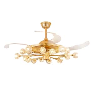 42 in. 18-Light Gold Indoor Ceiling Fan with Remote, Modern Crystal Retractable Fandelier for Bedroom, Bulbs Included