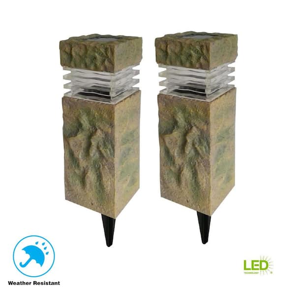 Hampton Bay Sand Stone Integrated LED Outdoor Solar Landscape Rock Pillar Path Light (2-Pack)