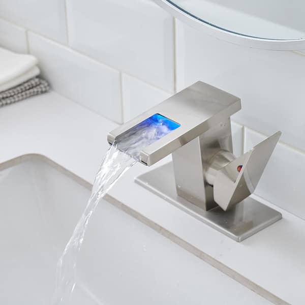 Single Handle Single Hole Bathroom Faucet with LED and Deckplate Included in Brushed Nickel