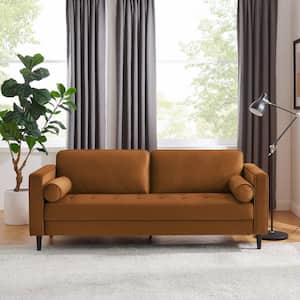 Zakari 81.5 in. W Square Arm Velvet Mid-Century 3-Seat Straight Sofa with Solid Wood Legs in Brown