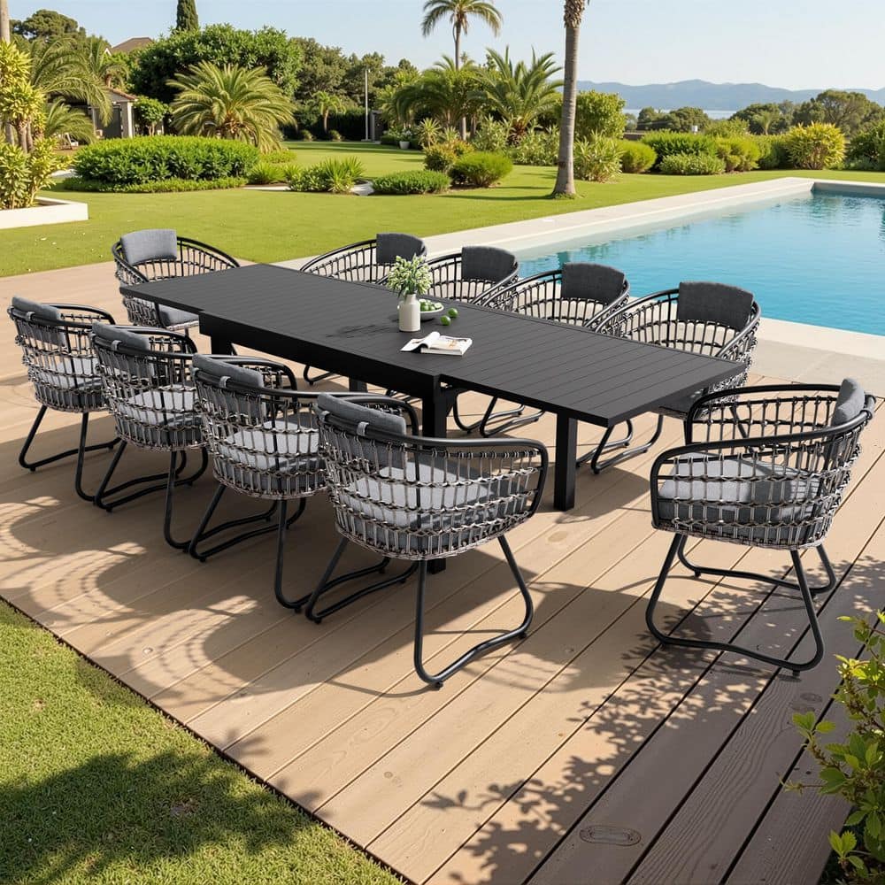 11-Piece Metal Outdoor Dining Set with Extendable Dining Table and 10-Rattan Wicker Dining Chairs with Gray Cushions