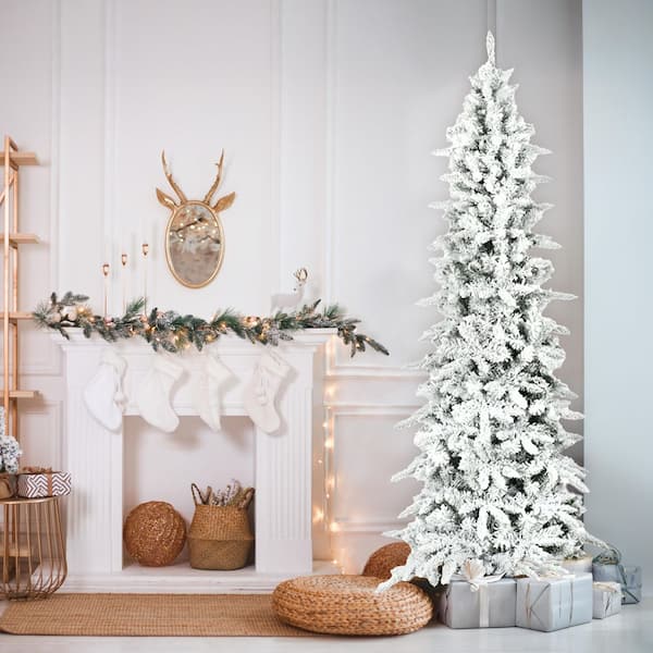 9 ft. Pre-Lit Flocked Slim Mountain Pine Artificial Christmas Tree with Warm White LED Lights