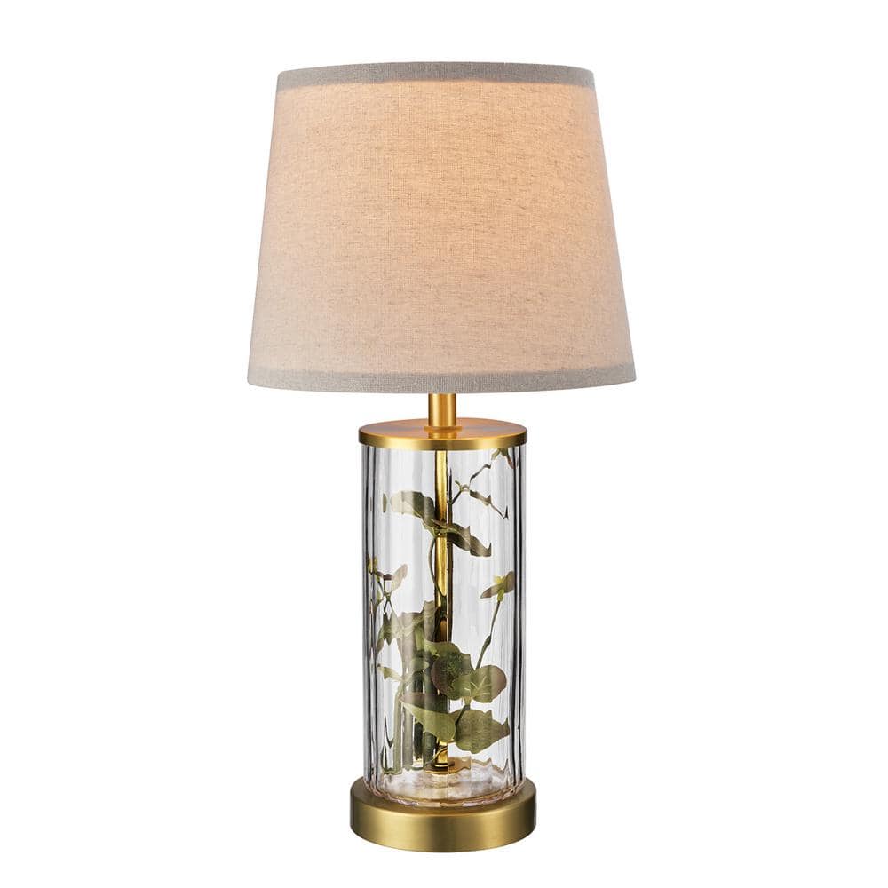 20" Clear Glass Table Lamp with Matte Brass Accents and Off-White Linen Shade