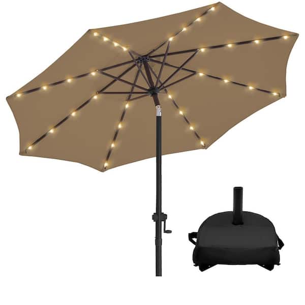 9 ft. Solar LED Lighted Market Patio Umbrella with Base and Push Button Tilt in Tan