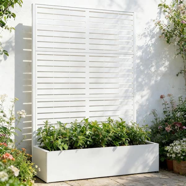 47 in. x 16 in. x 71 in. White Metal Raised Garden Planter Box with Trellis for Climbing Plants and Cucumbers