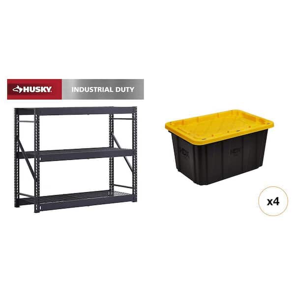 65 in. W 3-Shelf Black Metal Shelving Unit, 27 Gal. Black and Yellow Storage Tote (4-Count) Combo