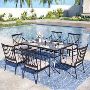 7-Piece Metal Outdoor Dining Set with Rectangle Table and Stylish Chairs with Beige Cushion